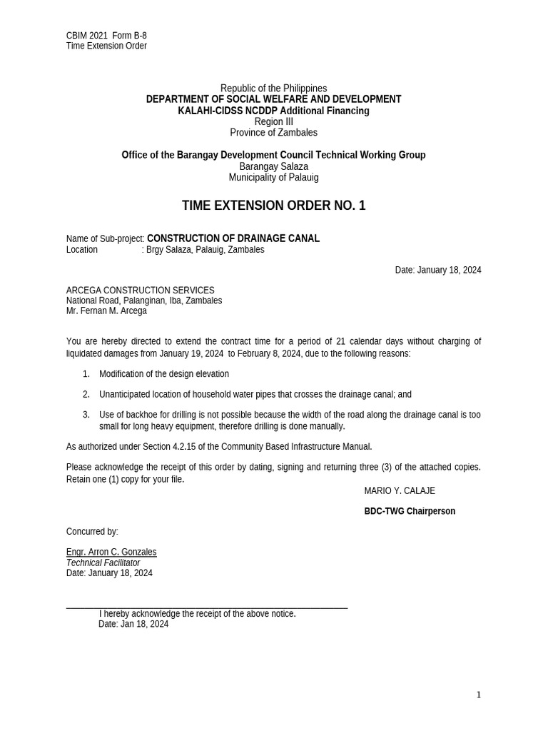 Time Extension Order for Drainage Canal | PDF