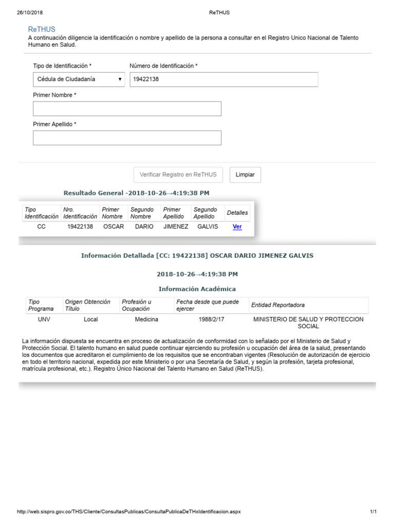 Consulta Registro ReTHUS 2018 | PDF