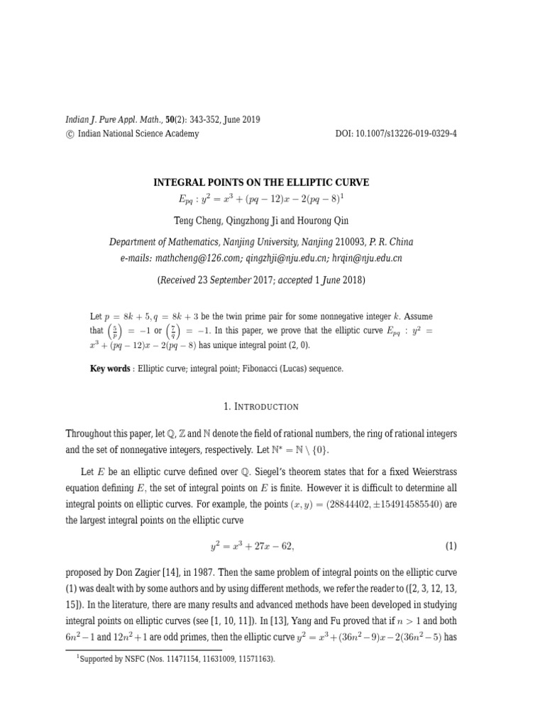 Integral Points On The Elliptic Curve Epq Y2 x3 + (PQ 12) X 2 (PQ 8) 10 ...