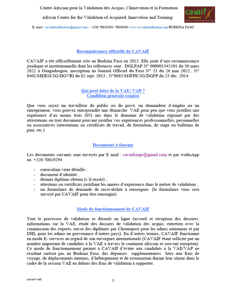 Validation des Acquis au Burkina Faso