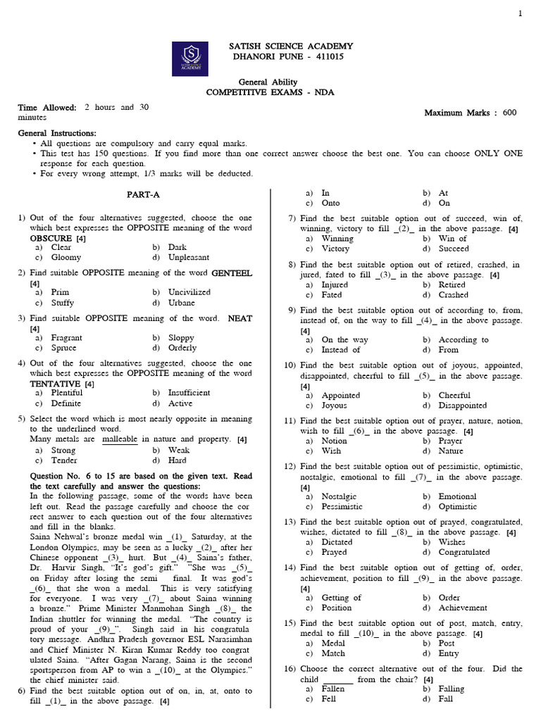 NDA General Ability Test Questions | PDF