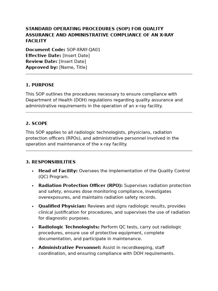 X-Ray Facility Quality Assurance SOP | PDF | Radiation Protection ...