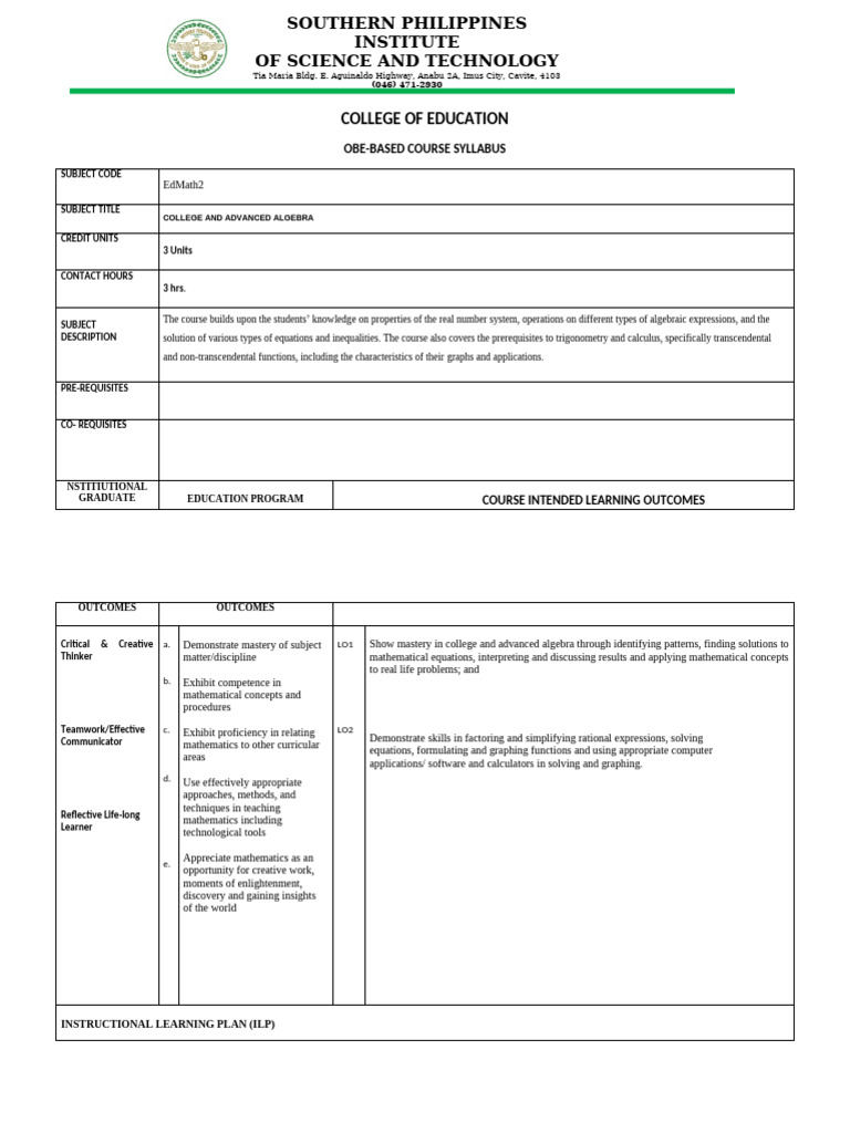 College Algebra Course Syllabus | PDF | Function (Mathematics) | Polynomial