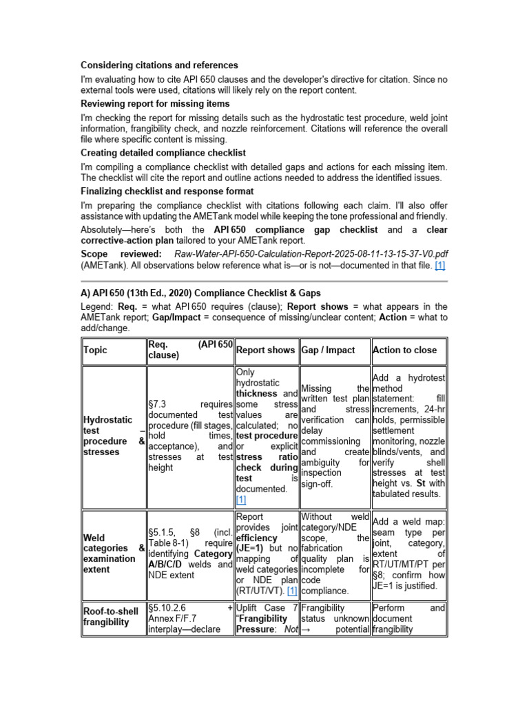 API 650 Compliance Checklist & Gaps | PDF | Nondestructive Testing ...