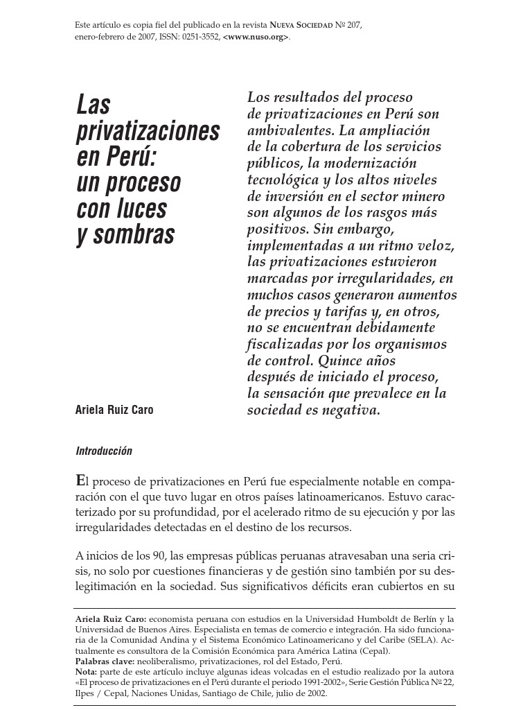 Ruiz 2007 Las Privatizaciones en Peru, Un Proceso Con Luces y Sombras ...