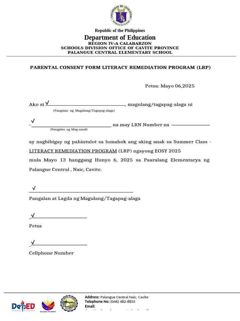 Palangue Central School Consent Forms | PDF
