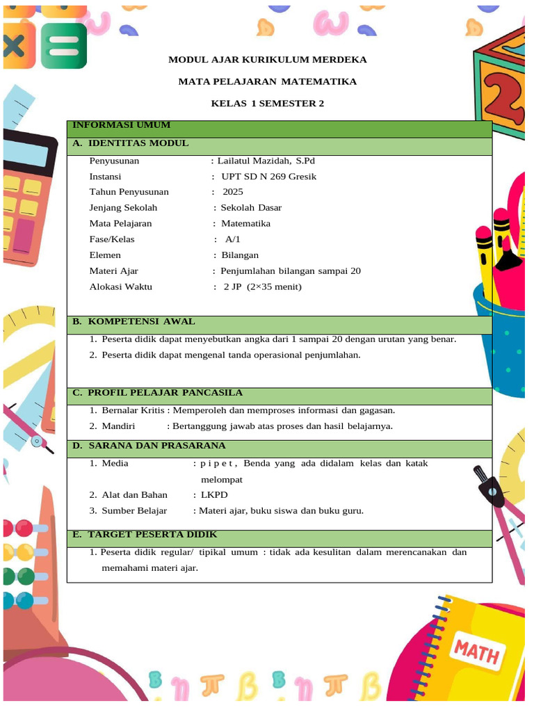 Modul Ajar Matematika Kelas 1 SD | PDF