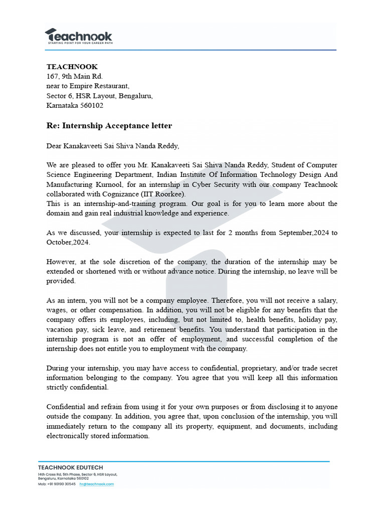 Internship Offer Letter for Cyber Security | PDF | Employment | Internship