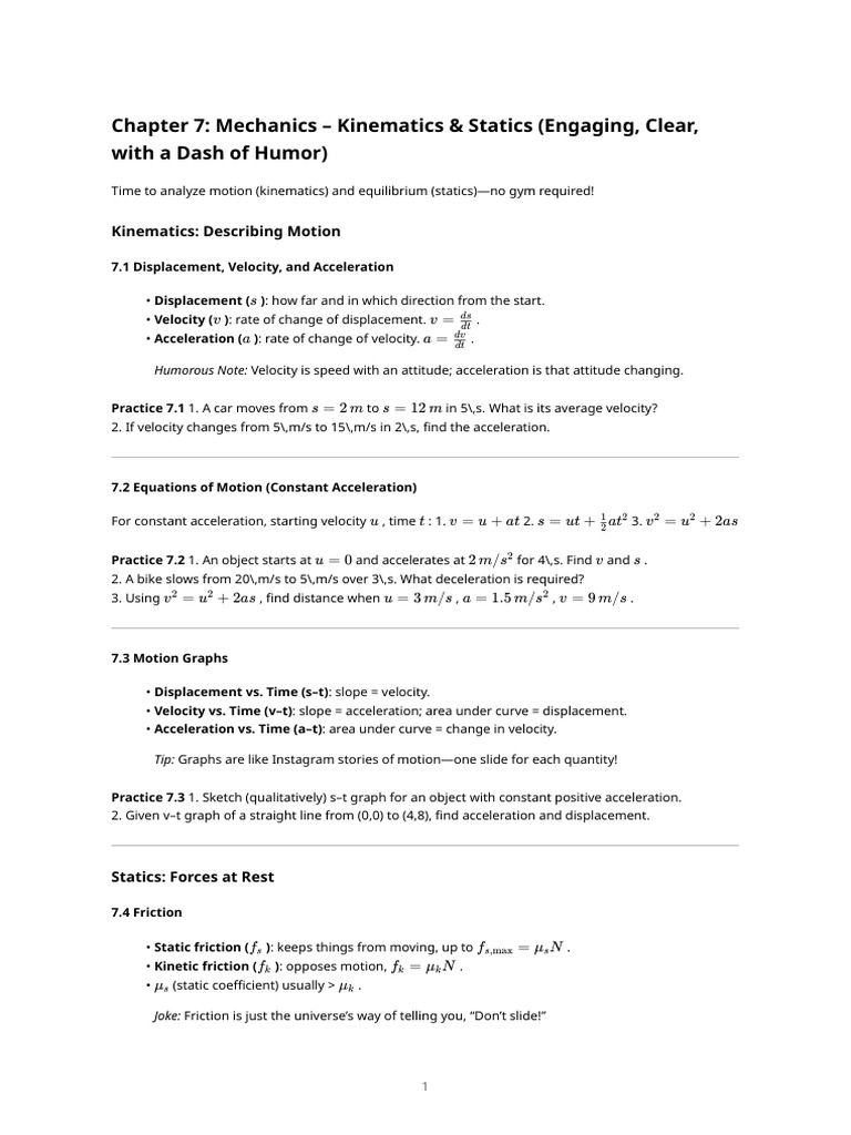 Kinematics and Statics Explained | PDF | Acceleration | Velocity