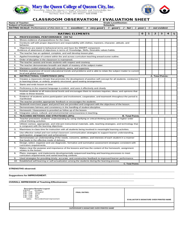 Classroom Observation Evaluation Sheet | PDF | Educational Assessment ...