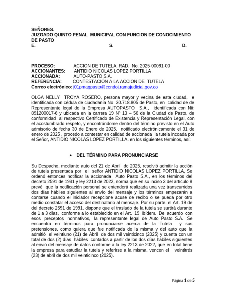 Contestación a Acción de Tutela de Auto-Pasto S.A. | PDF | Petición ...