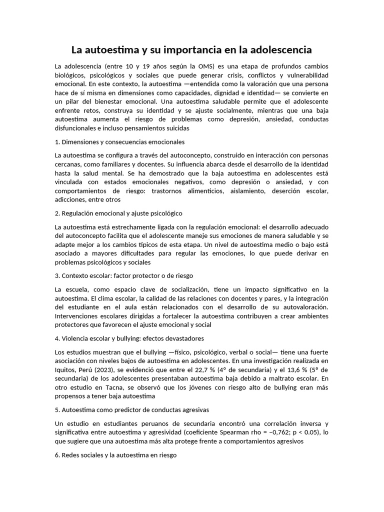 Importancia de la autoestima en adolescentes | PDF | Autoestima | Las ...