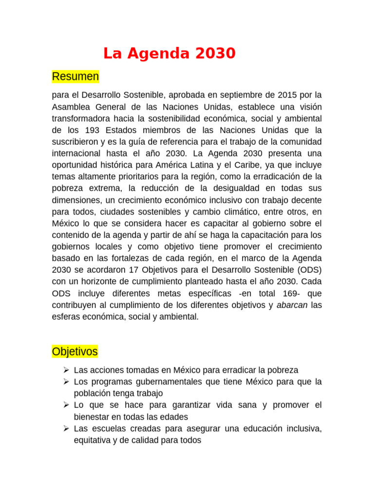 Resumen de la Agenda 2030 en México | PDF | Desarrollo sostenible ...