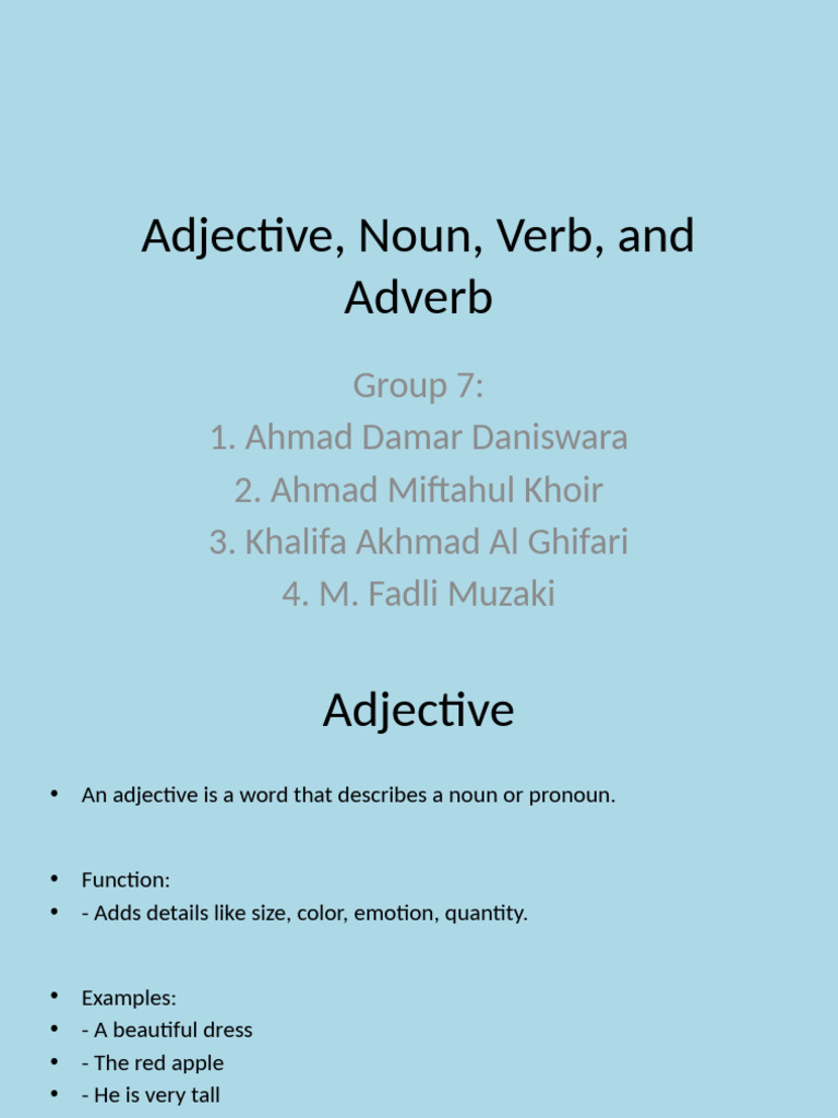 Understanding Adjectives, Nouns, Verbs, Adverbs | PDF