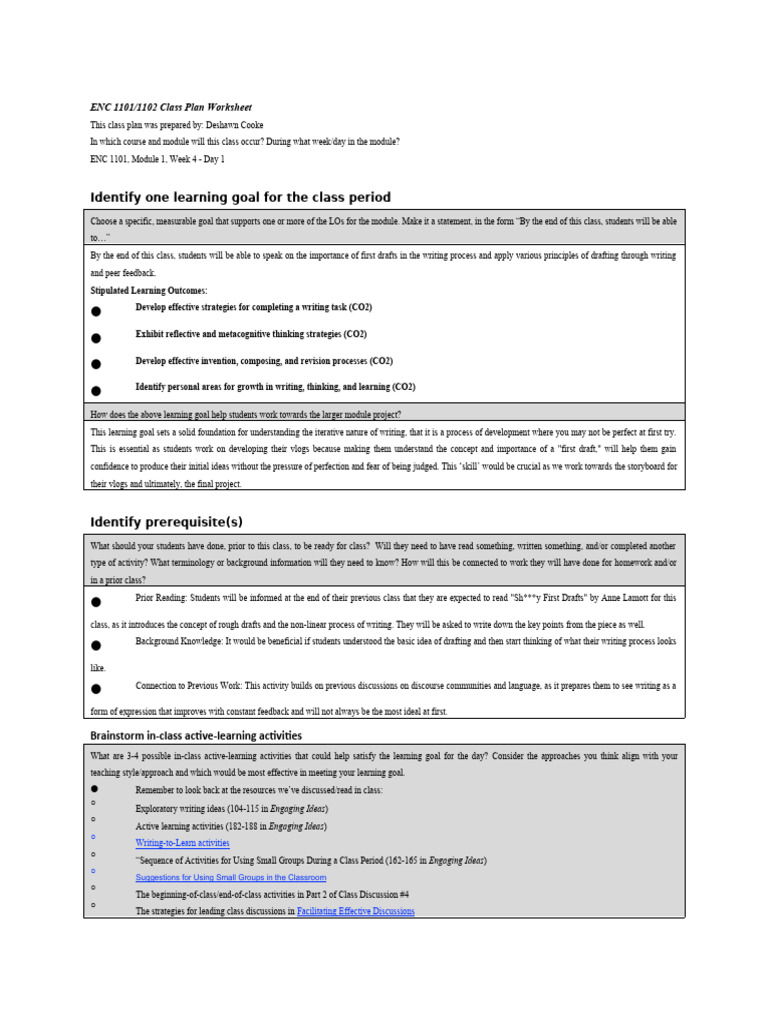 ENC 1101 Class Plan: Drafting Skills | PDF | Learning | Cognitive Science