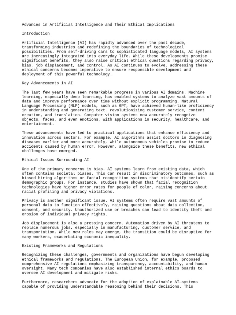 Advances in Artificial Intelligence and Their Ethical Implications ...