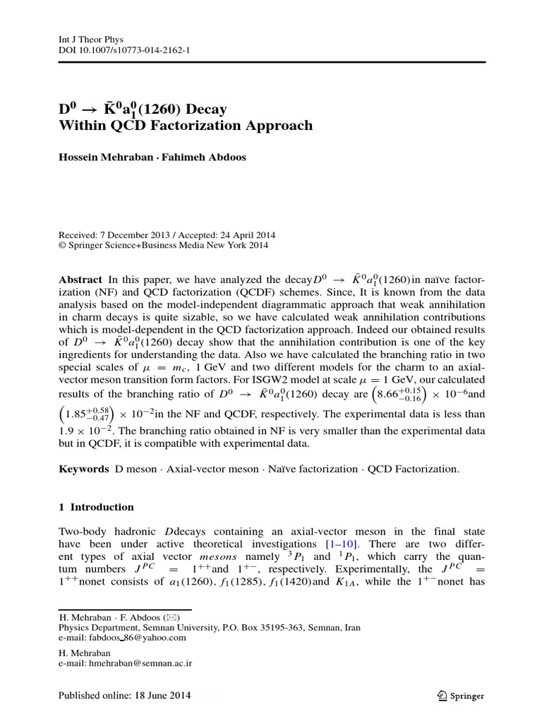 D K A 1260 Decay Within QCD Factorization Approach | PDF | Hadron ...