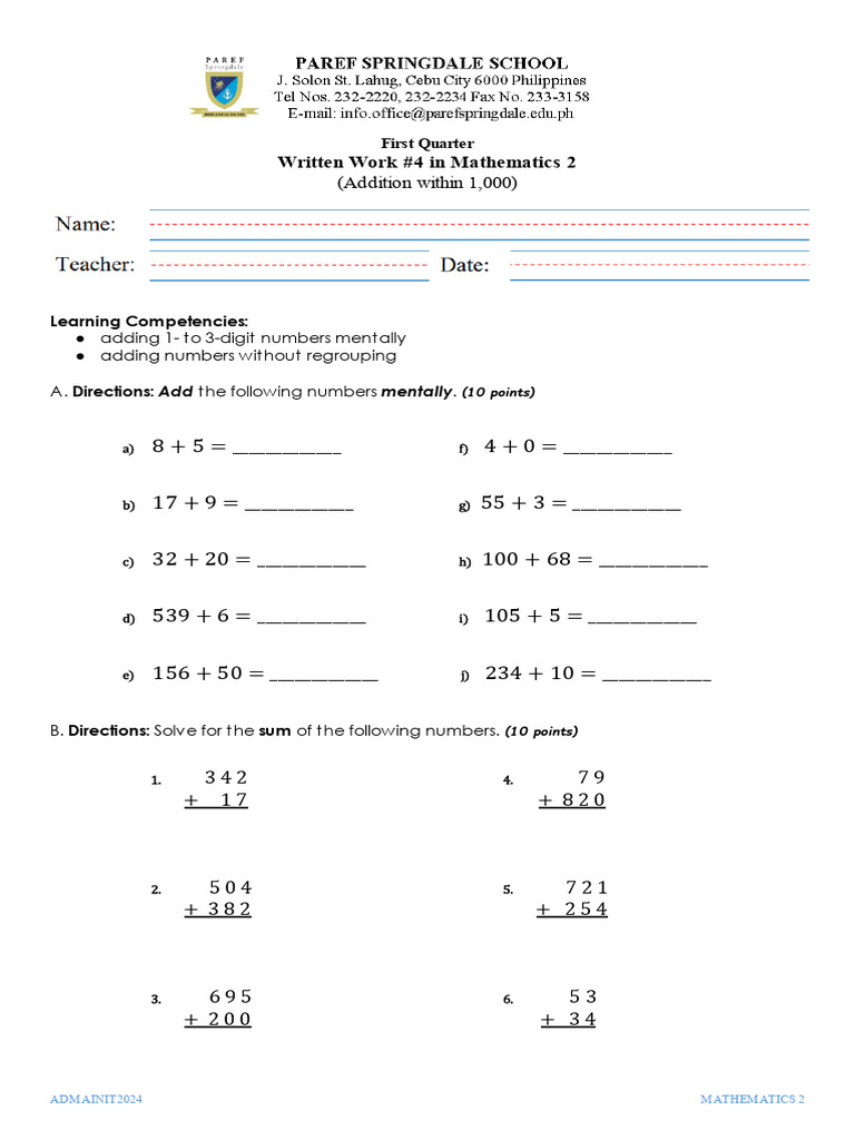 Written Work #4 - Addition Within 1,000 | PDF