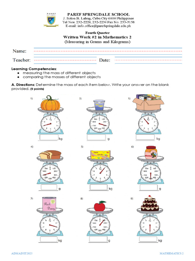 Written Work #2 - Measuring in Grams and Kilograms | PDF | Physical ...