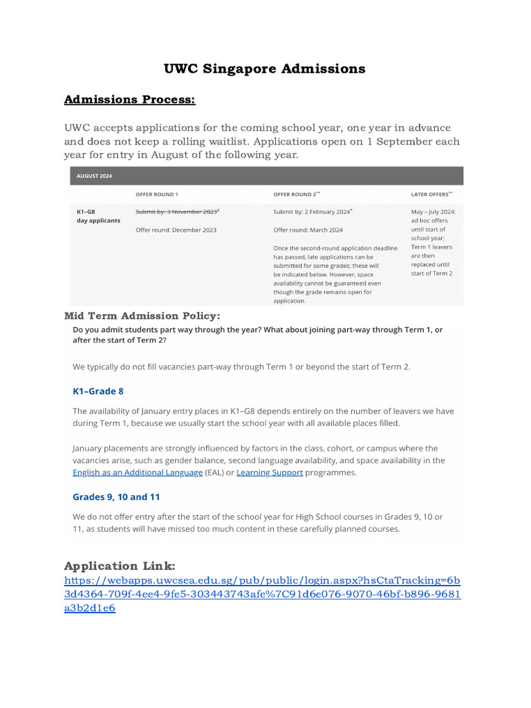 UWC Singapore Admissions Process Guide | PDF