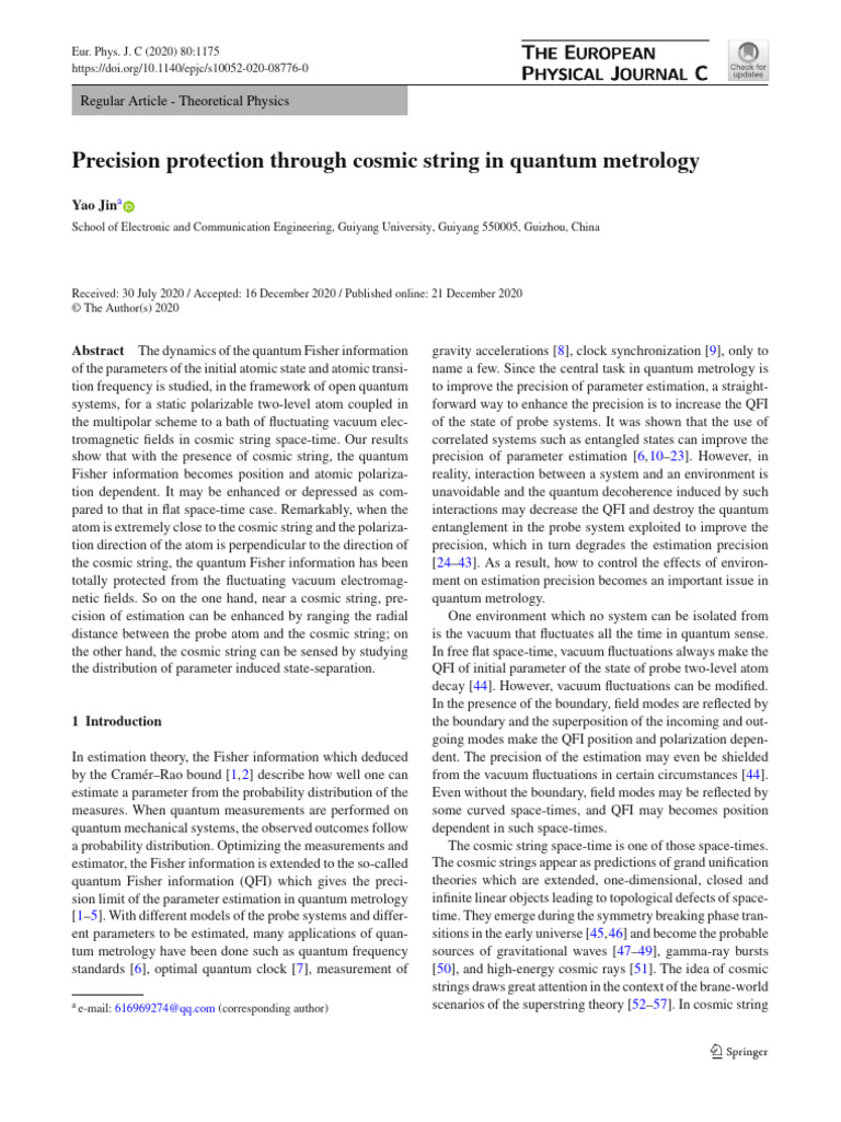 Precision Protection Through Cosmic String in Quantum Metrology | PDF ...