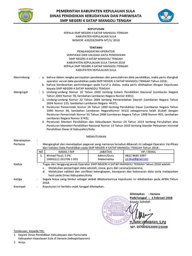 Sk Operator Dapodik Smpn4satapmt Pdf