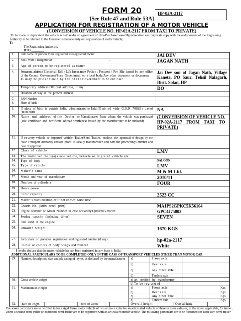Motor Vehicle Registration Application | PDF | Semi Trailer Truck ...