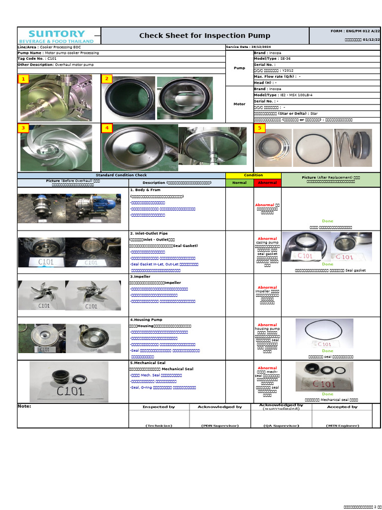 Check Sheet For Inspection Motor Pump Cooker C101 | PDF