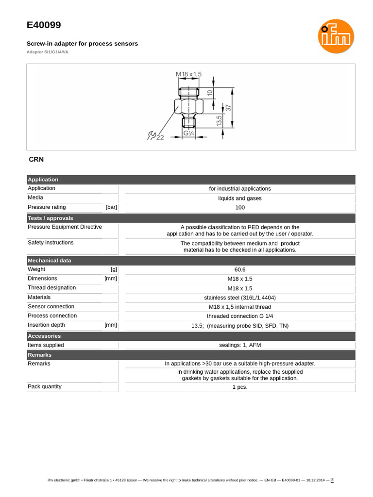 Screw-In Adapter For Process Sensors: Application | PDF | Equipment ...