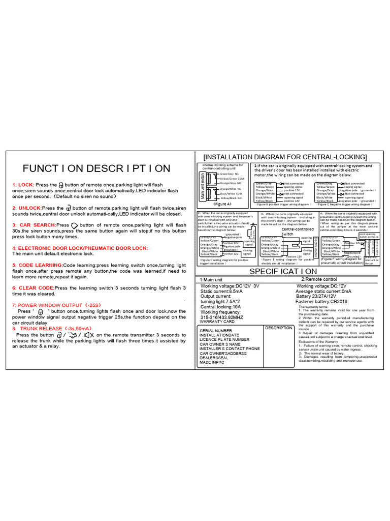 Centralized Locking System Wiring Guide | PDF | Switch | Electrical ...