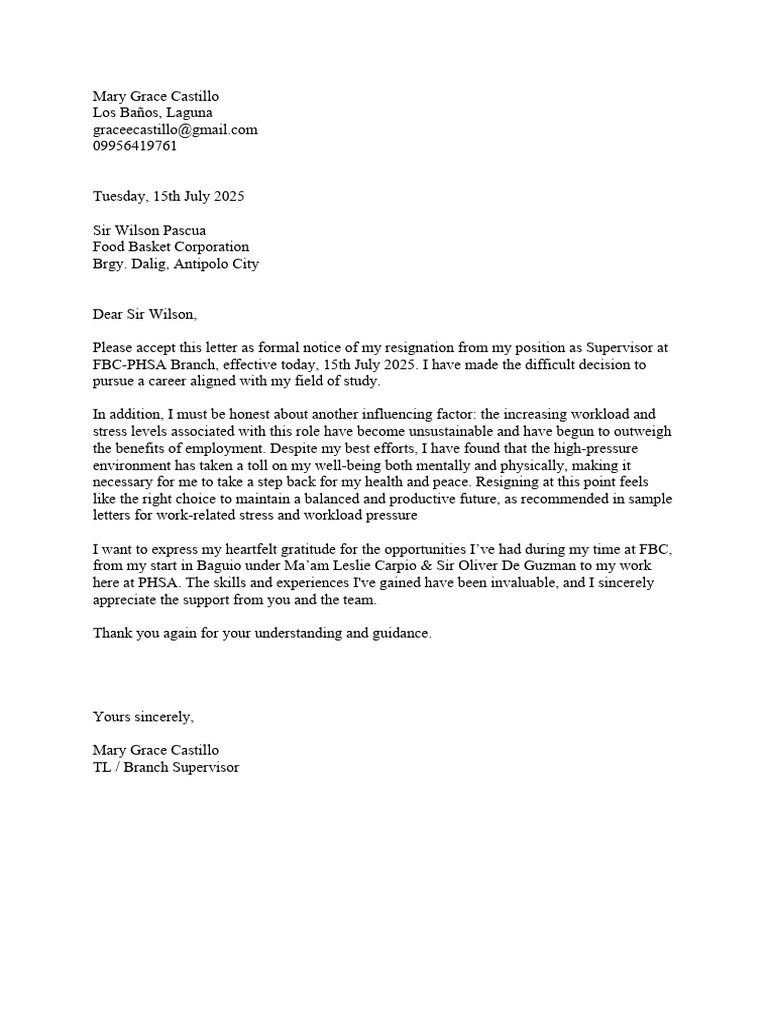 Resignation Letter from Mary Grace Castillo | PDF