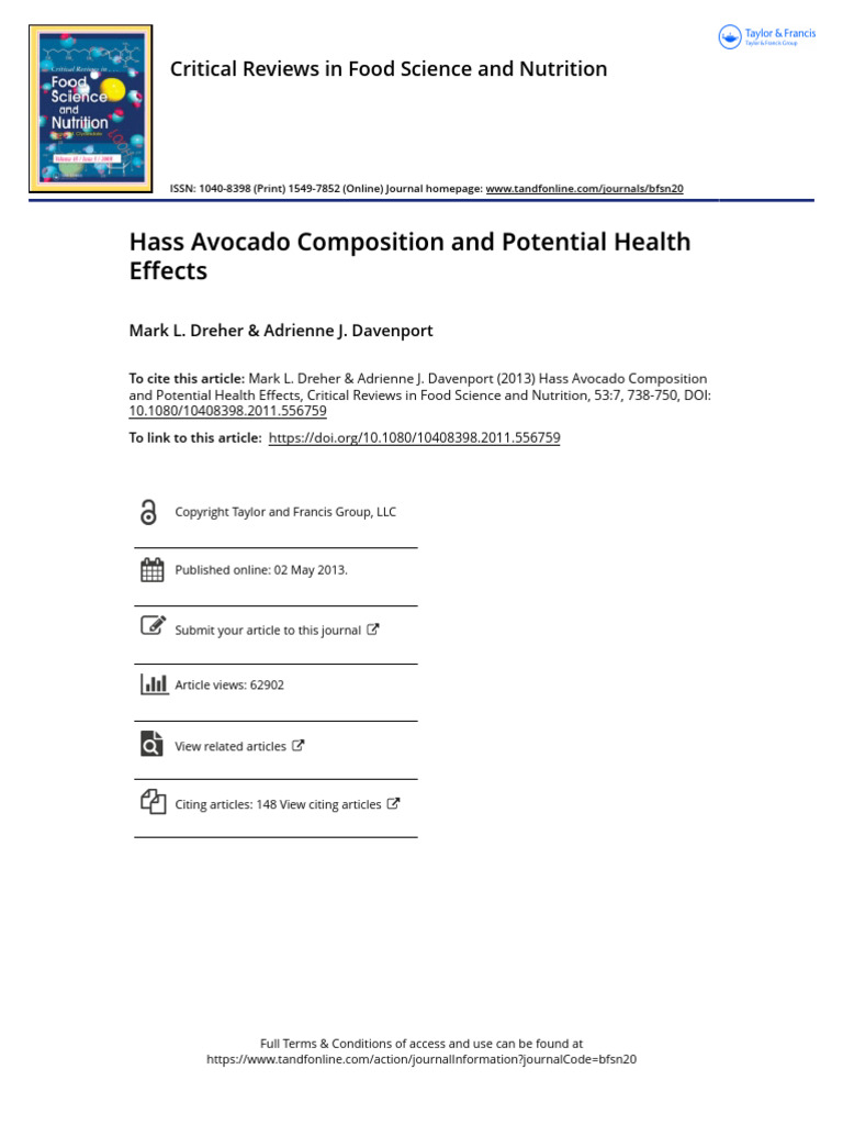 Hass Avocado Composition and Potential Health Effects | PDF | Fat ...