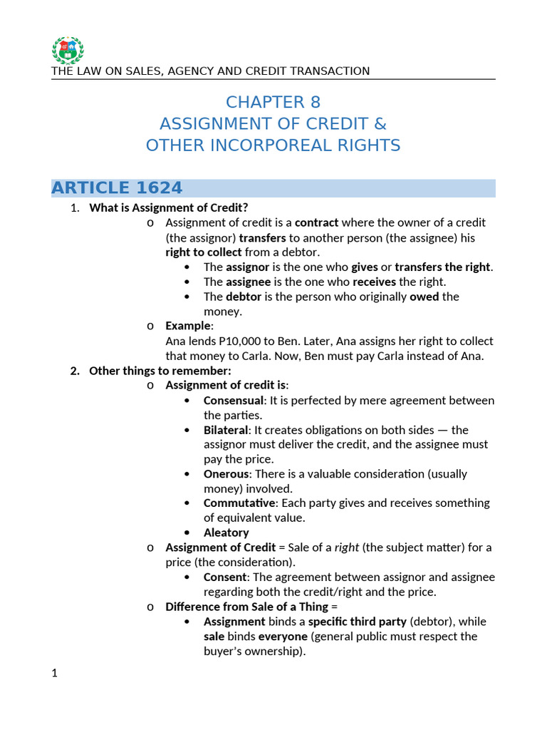 Assignment of Credit Explained | PDF | Assignment (Law) | Debt