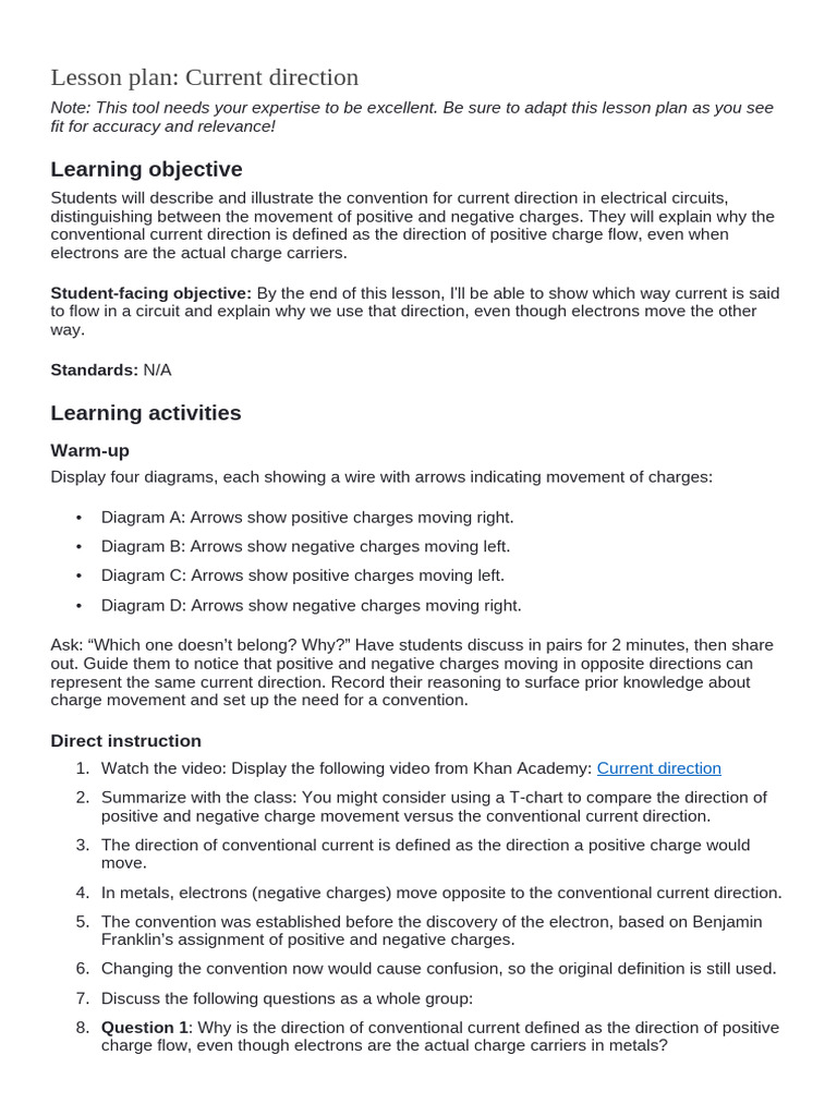 Lesson Plan - Current Direction | PDF | Electric Current | Electric Charge