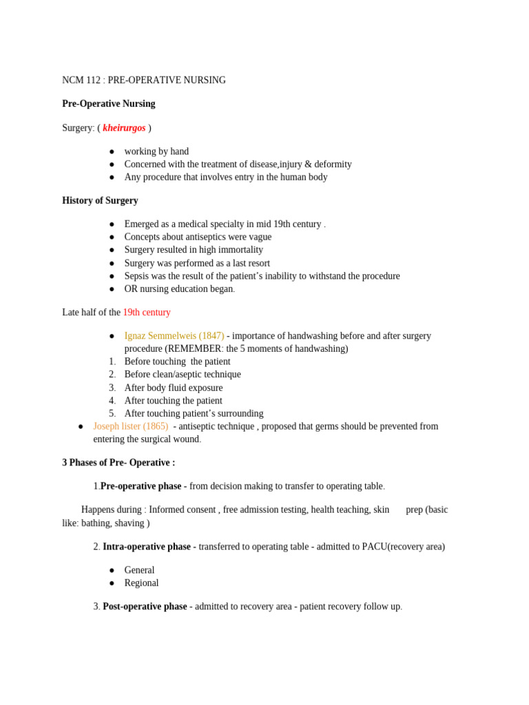 Pre-Operative Nursing Overview | PDF | Surgery | Anesthesia