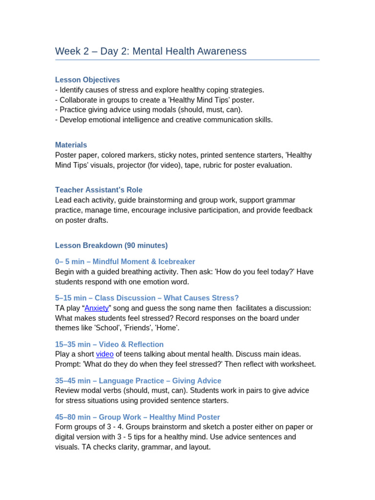 Mental Health Awareness Lesson Plan | PDF | Mental Health | Adolescence