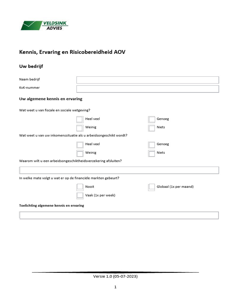AOV - Formulier Kennis Ervaring en Risicobereidheid (Origineel) | PDF