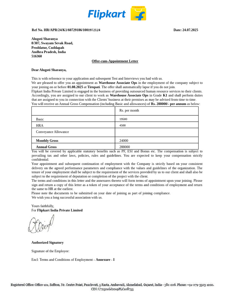 Flipkart Offer Letter for Warehouse Associate | PDF | Identity Document ...