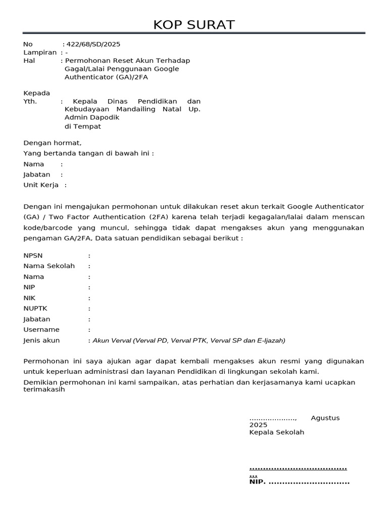 Permohonan Reset Akun Google Authenticator | PDF