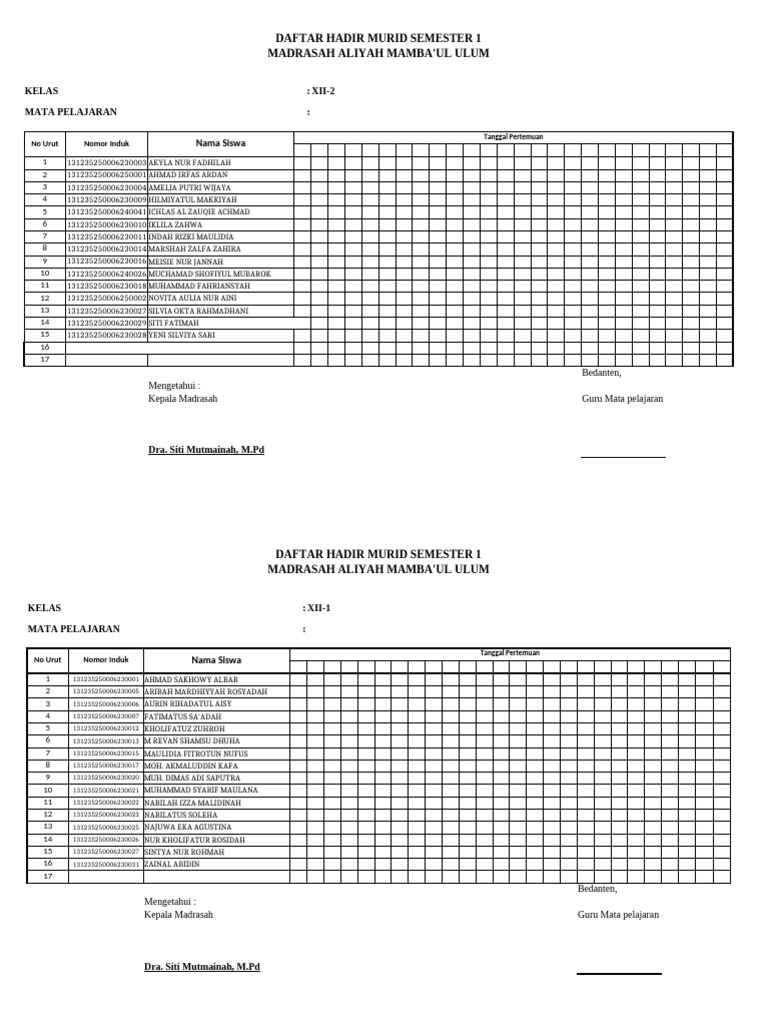 Daftar Hadir Murid Semester 1 MA Mamba'ul Ulum | PDF