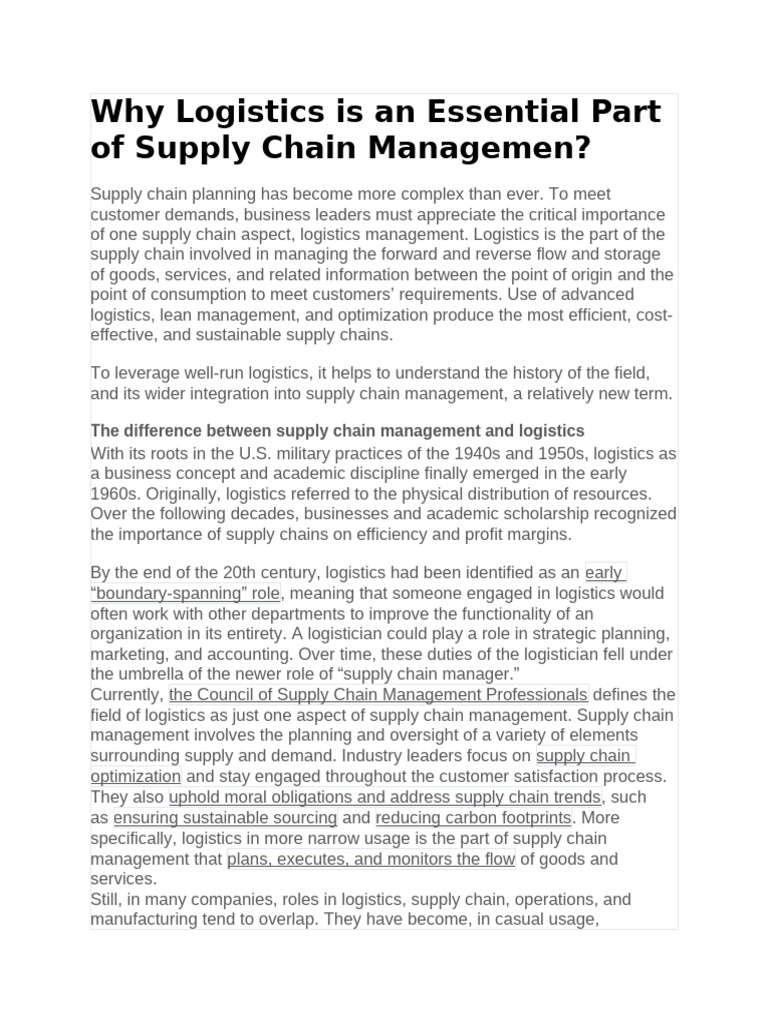 Importance of Logistics in Supply Chains | PDF | Logistics | Supply ...