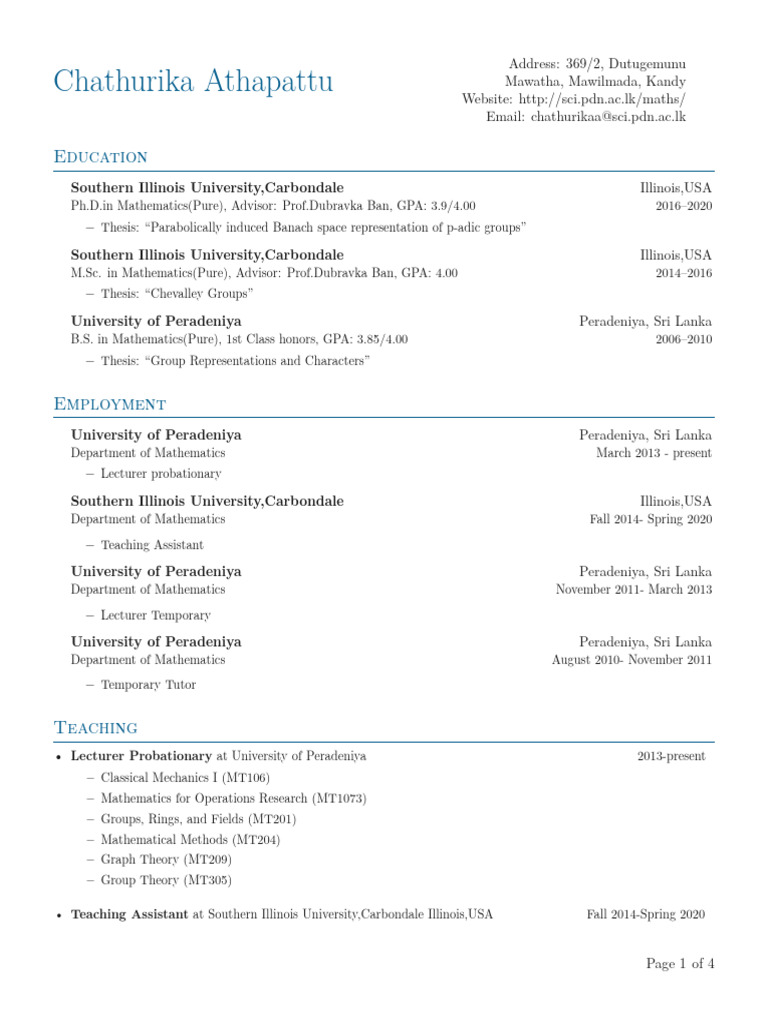 Chathurika Athapattu: Mathematics CV | PDF | Mathematics | Science