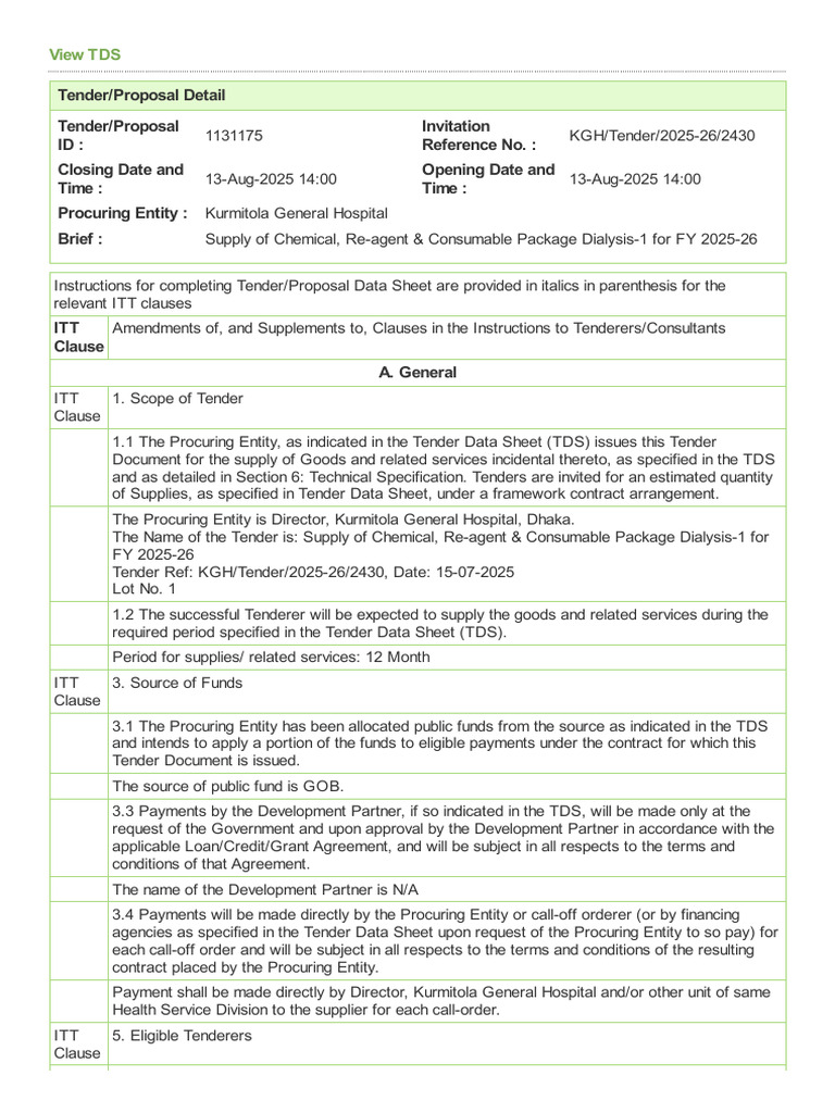 Kurmitola Hospital Dialysis Supplies Tender | PDF
