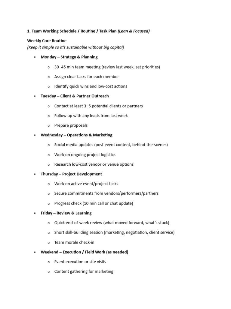 Weekly Team Task Plan Template | PDF