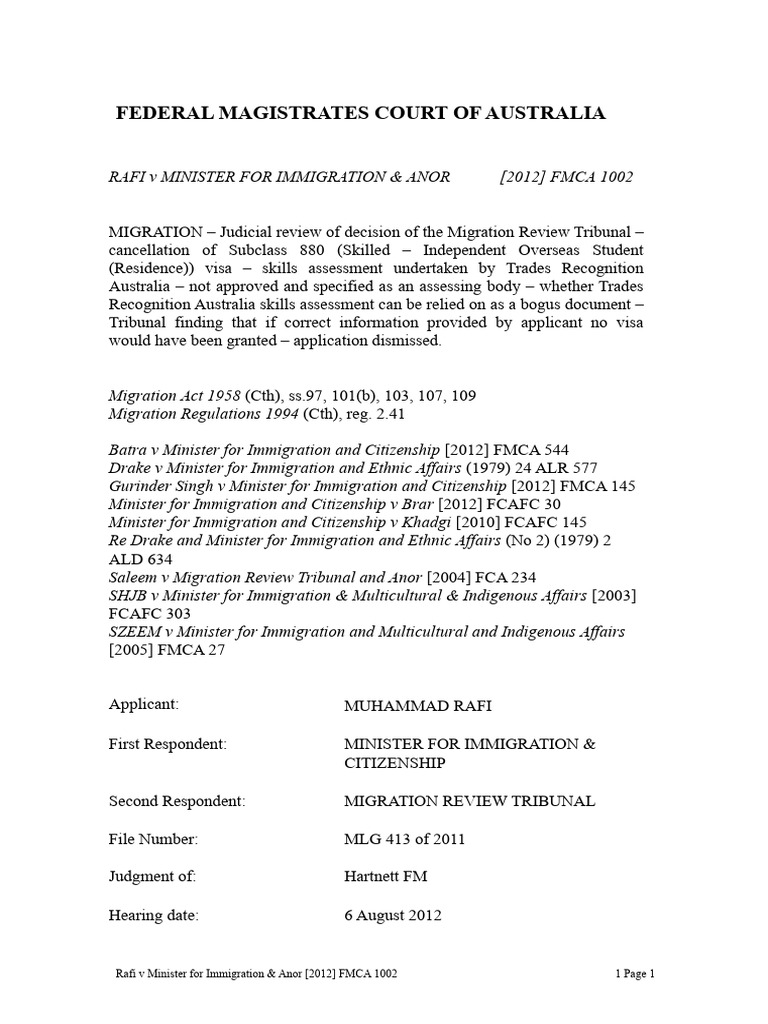 Rafi v Minister for Immigration Review | PDF | Travel Visa | Immigration