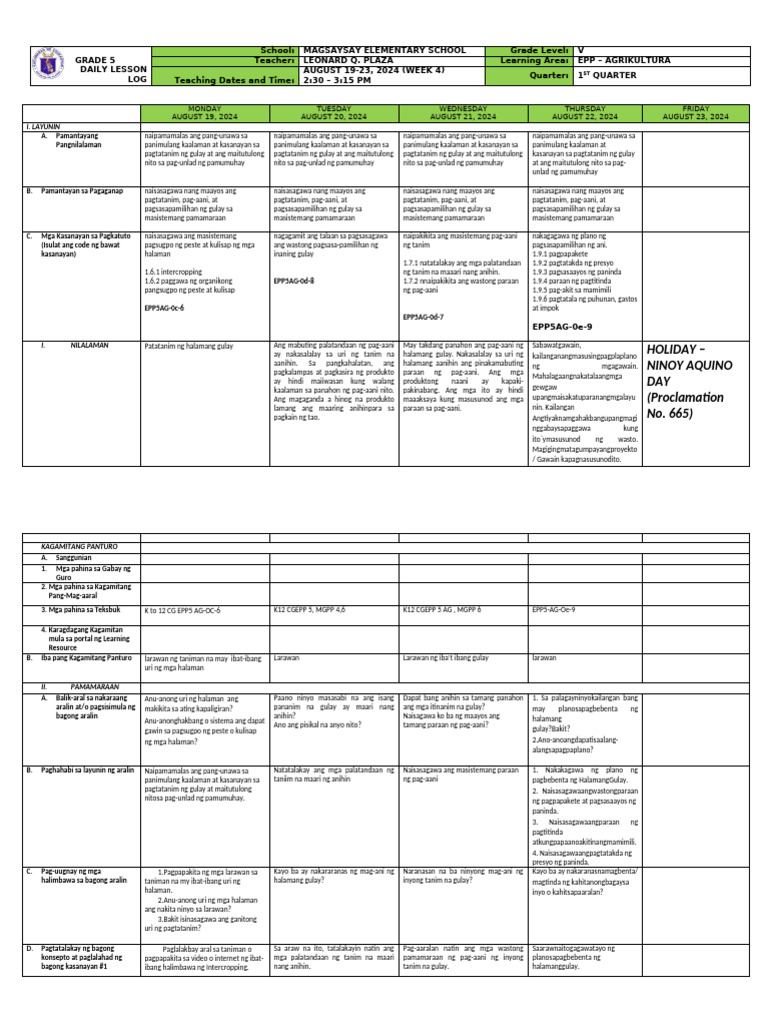 Epp 5 Agri DLL q1 Week 4 S.Y 2024-2025 | PDF