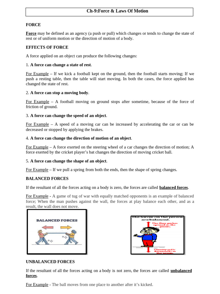 Physics - Ch-9 Force & Laws of Motion Notes (IX) | PDF | Force | Inertia