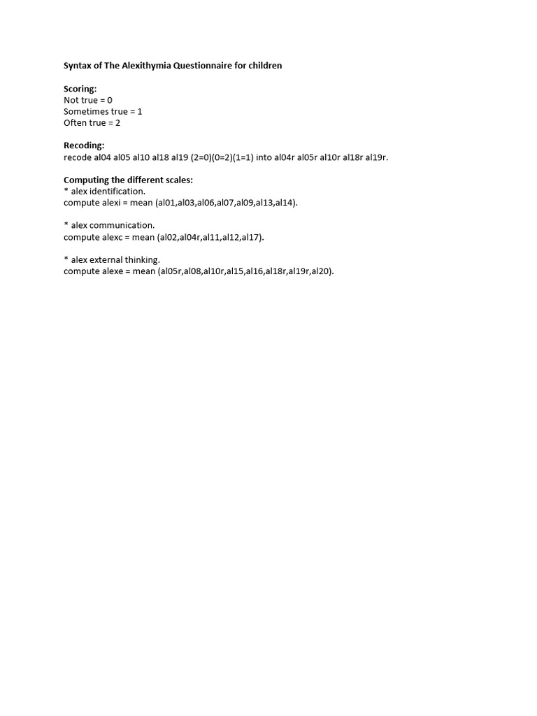 Alexithymia Questionnaire Syntax | PDF