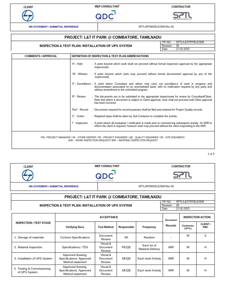 ITP For Installation of Ups System | PDF