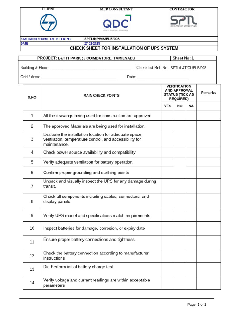 UPS System Installation Checklist | PDF | Electric Power | Electricity